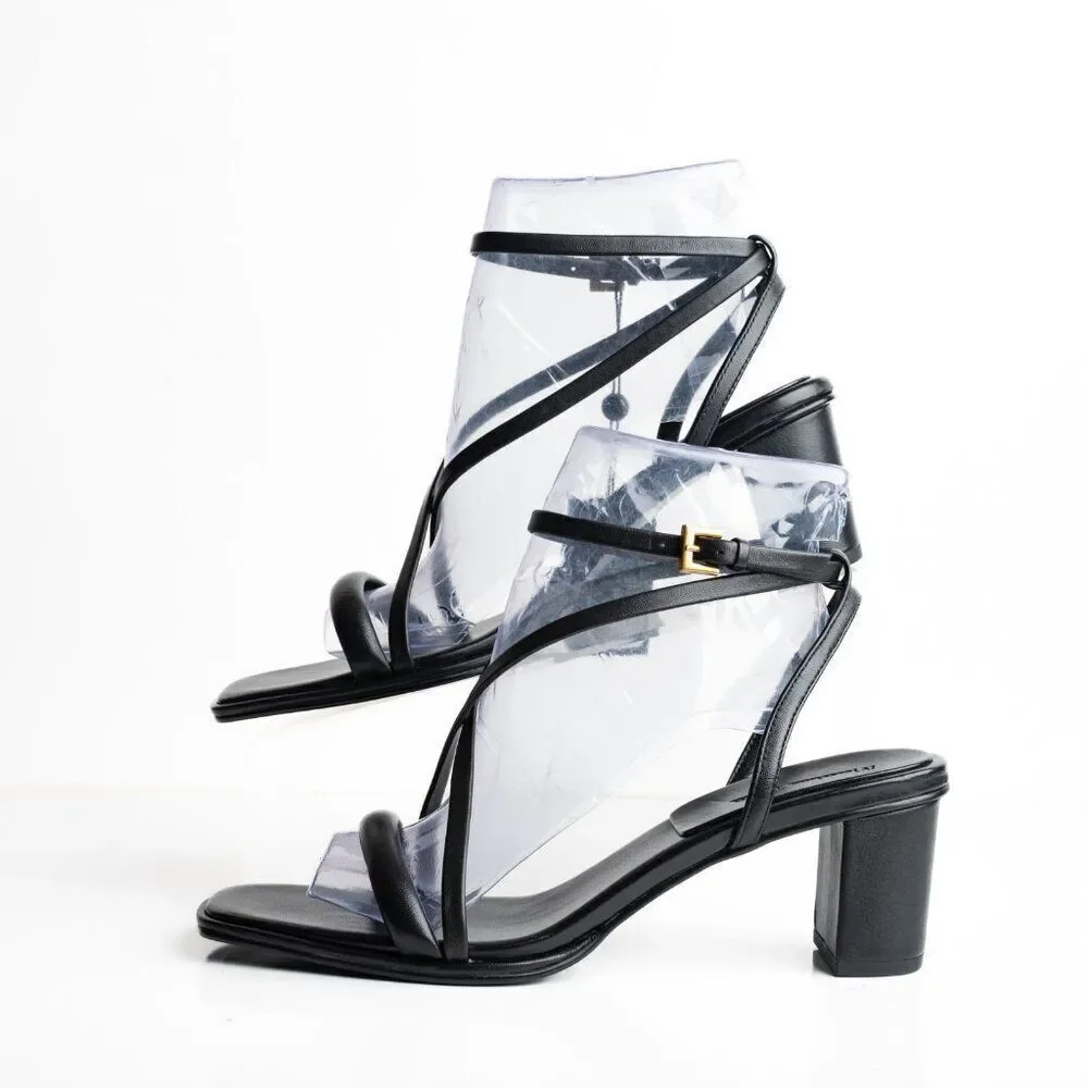 Massimo Dutti Strappy Leather Block Heel Sandals EU 40 US 9 Black 1602/250 NWT